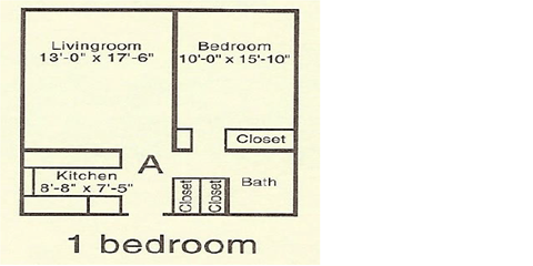 Floor plan for 1 bed, 1 bath, 575 sqft